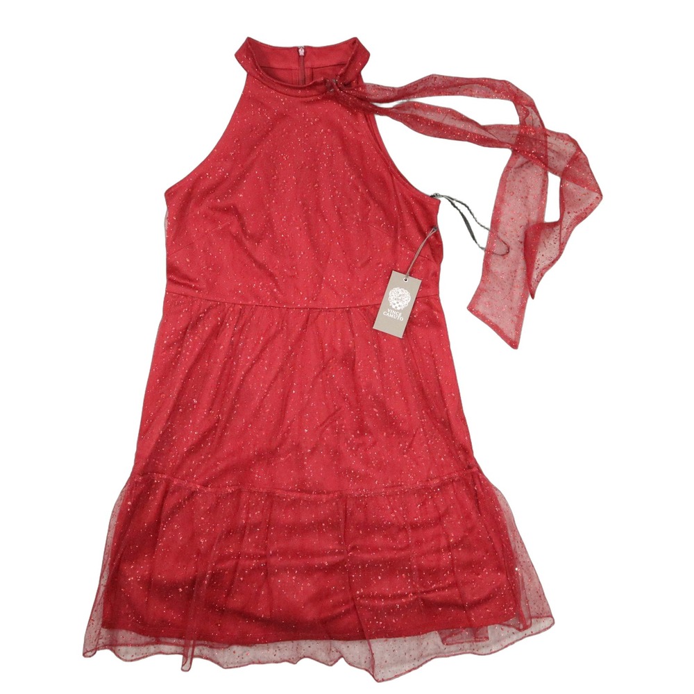 Vince Camuto Red Glitter Mesh Halter Dress Size 2 Tiered Scarf NWT VC5M7117